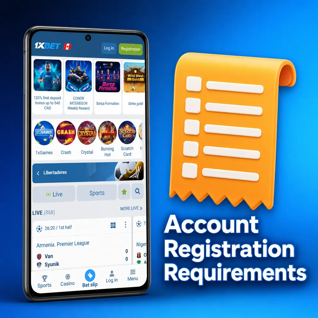 Canadian players reviewing 1xbet account registration requirements including age, eligibility, and personal information rules