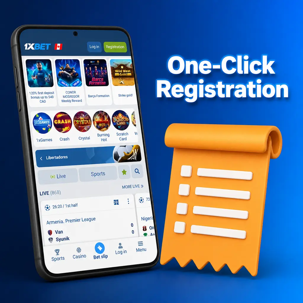1xBet one-click registration form showing country selection and CAD currency option for instant Canadian account creation