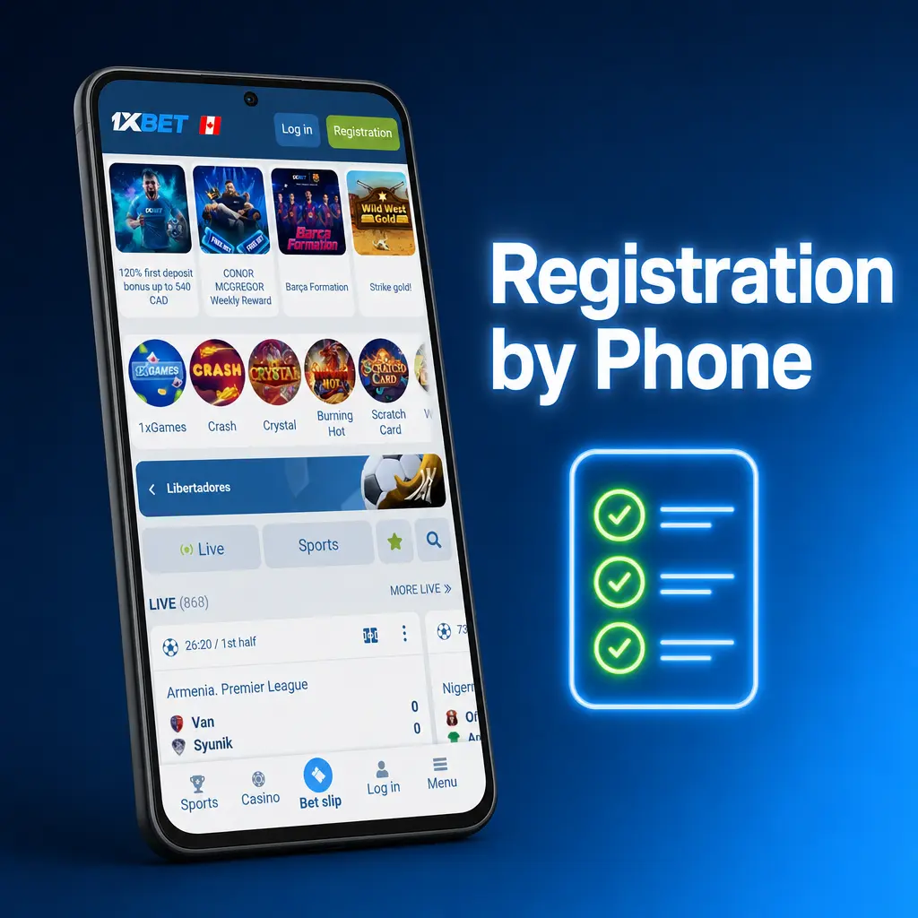 1xbet phone registration steps showing mobile number entry, SMS verification, and account currency selection for Canadian users