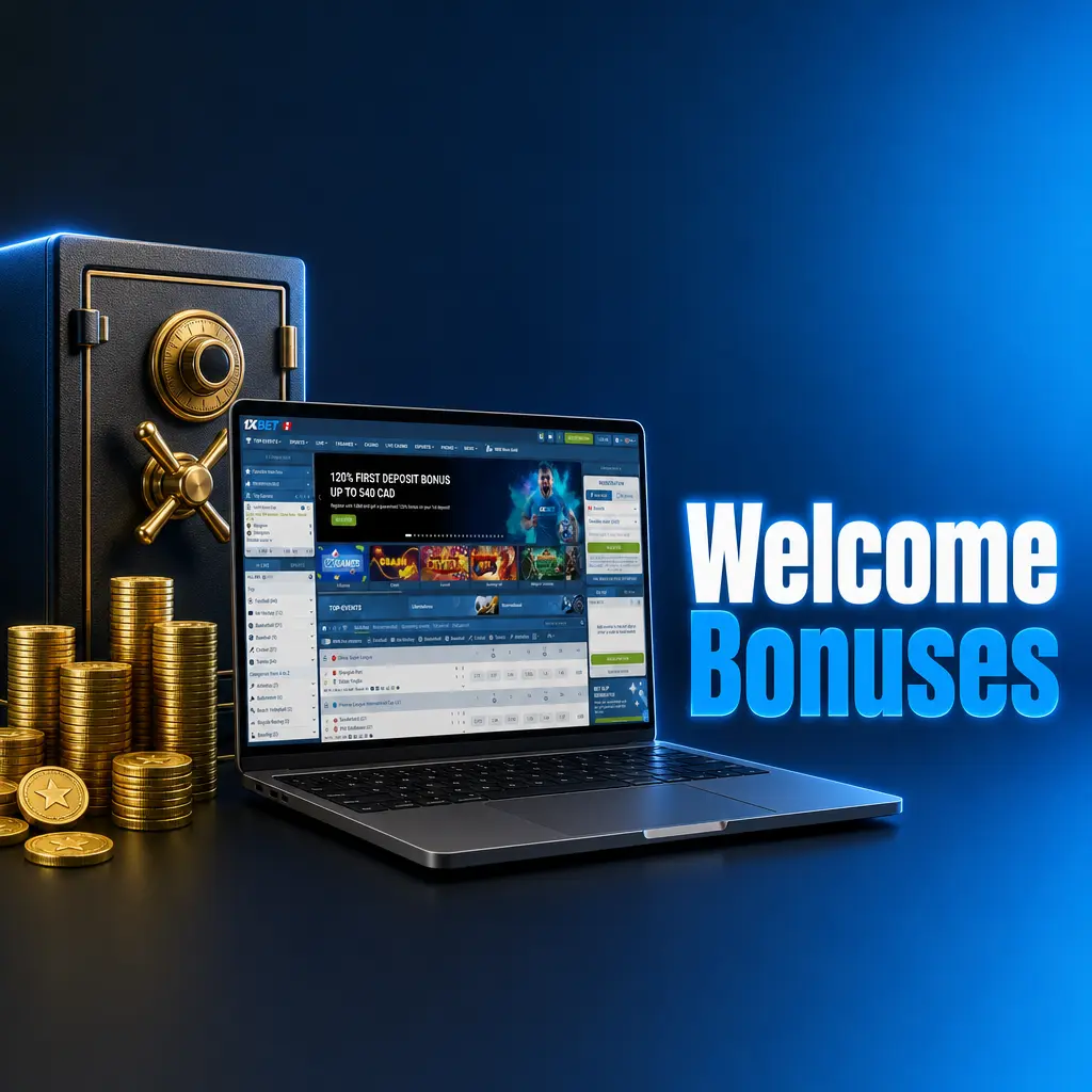 1xbet welcome bonuses table showing sports 120% up to 540 CAD and casino 200% up to 3000 CAD for Canadians