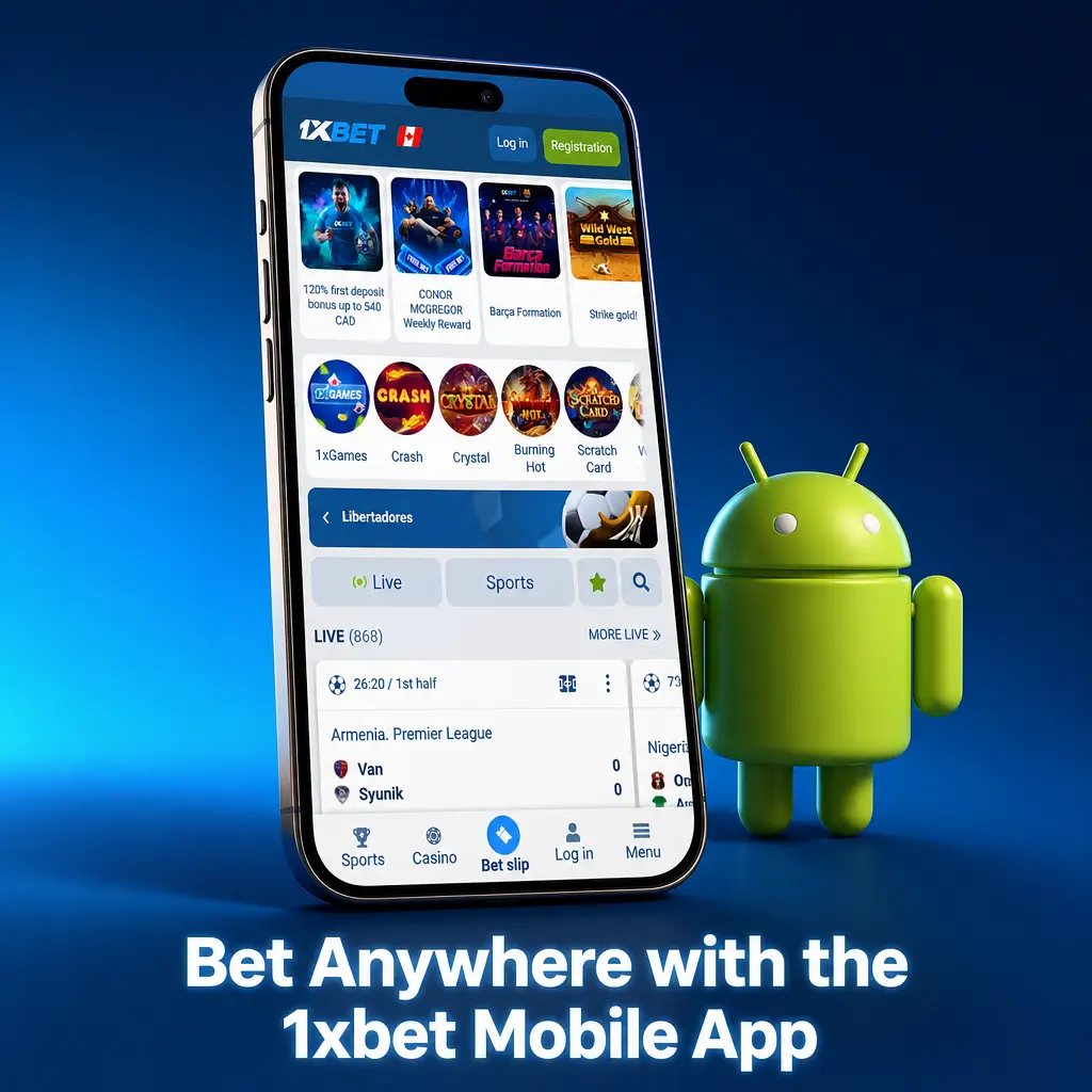 1xbet mobile app interface showing betting options for Android and iOS with live casino and sportsbook access