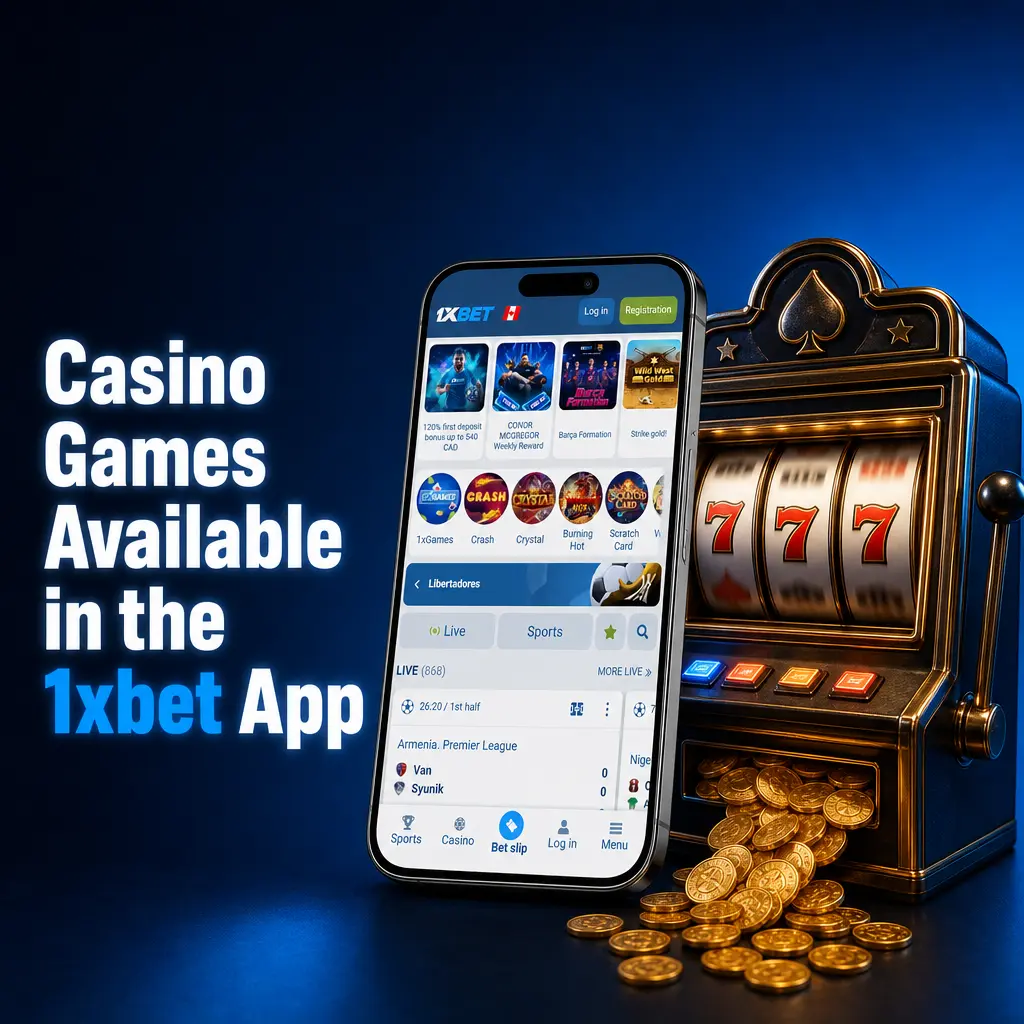 1xbet casino app interface showing 10,000+ games including slots, live dealer tables, and crash games like Aviator