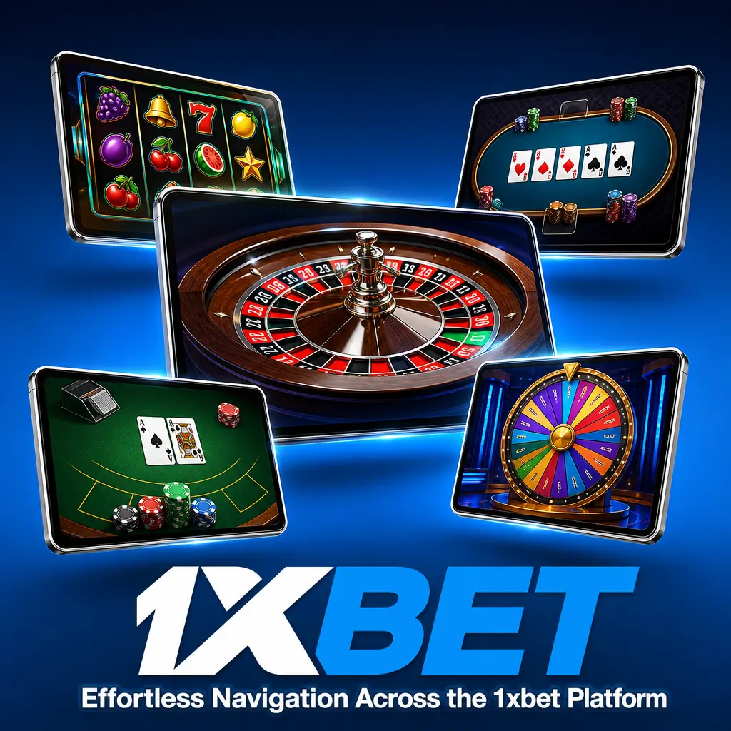 1xbet platform navigation bar showing sportsbook, casino, promotions, and account settings menu layout