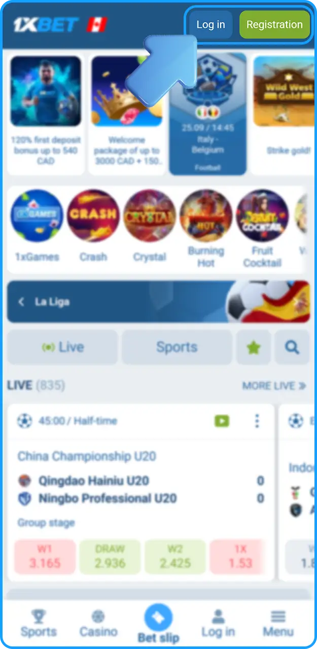 Log in to your account in the 1xBet app.