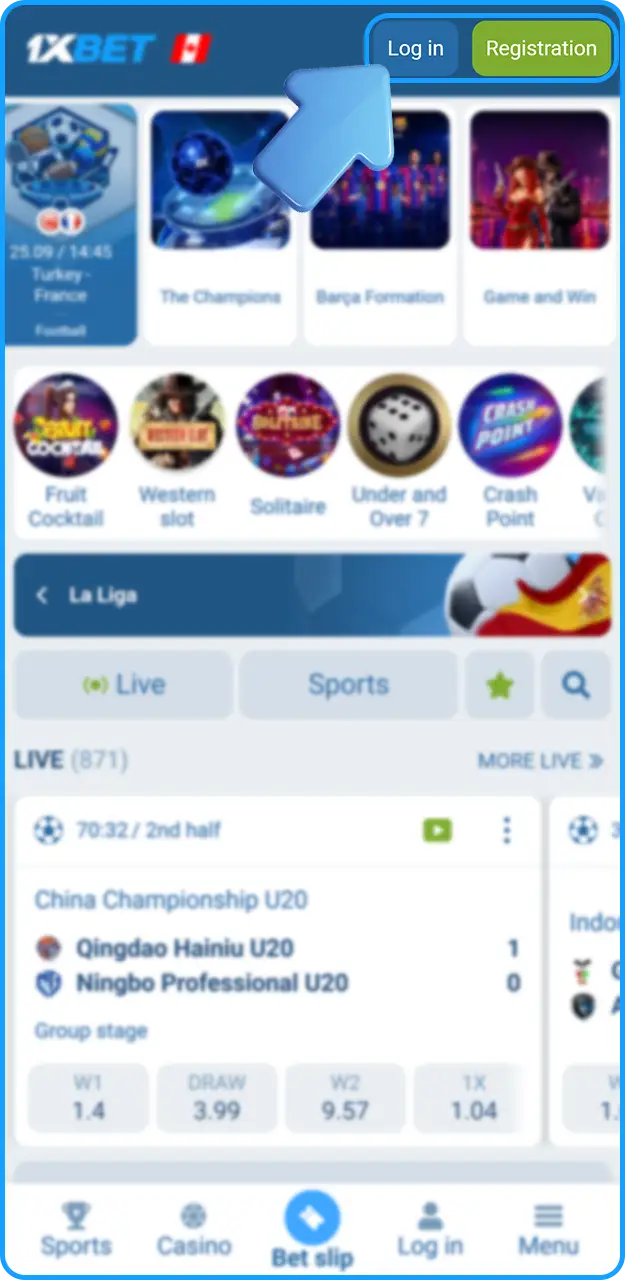 Log in to your user profile in the 1xBet app.
