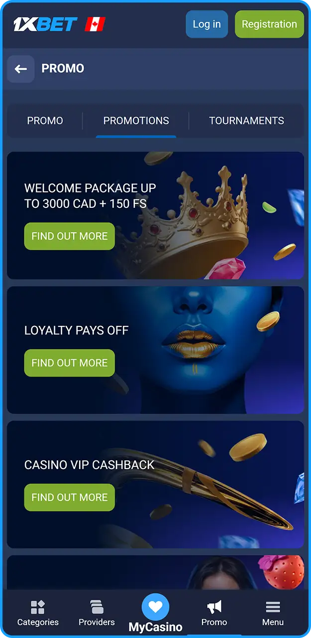Check out the available bonuses in the 1xBet app.