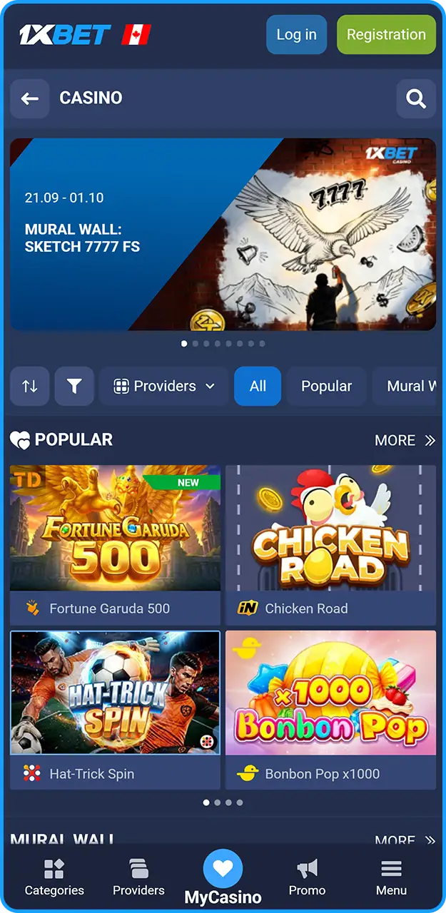 Explore the slots and table games in the 1xBet app.