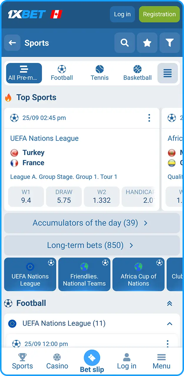Check out the sports betting markets on 1xBet.