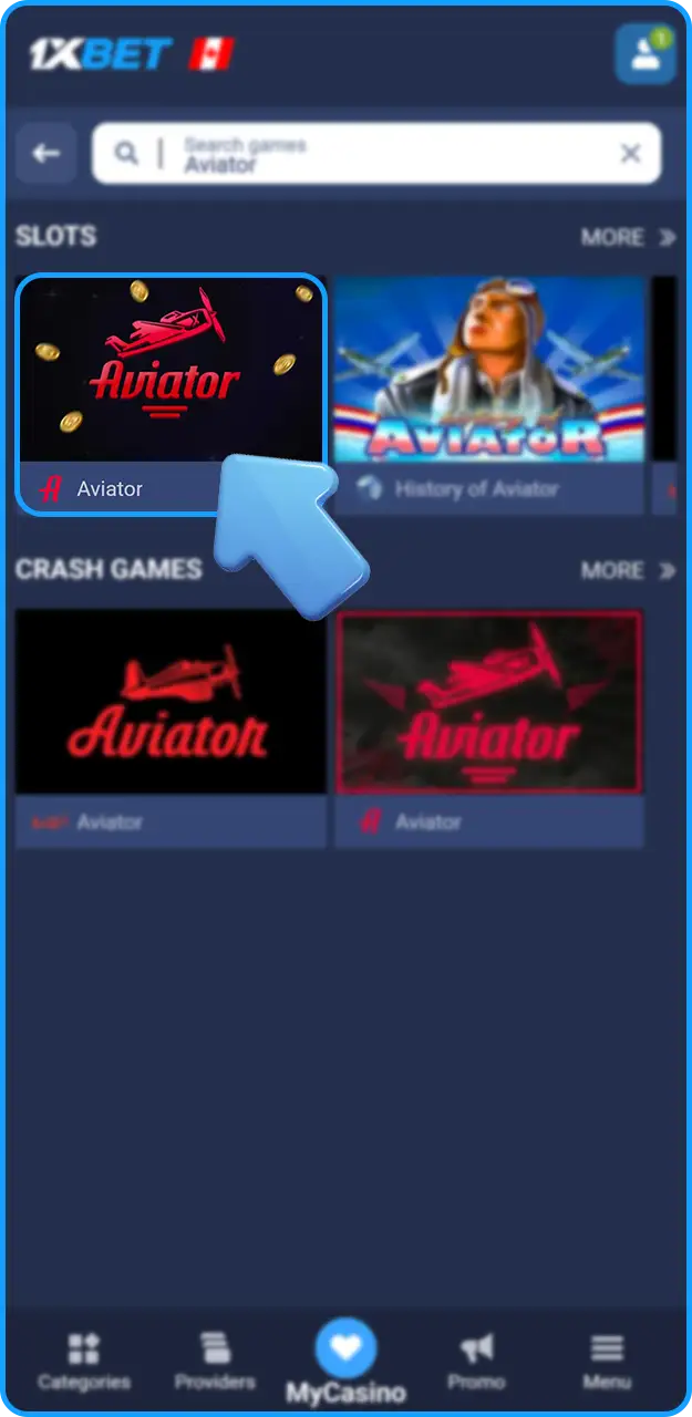 Find the Aviator game on 1xBet.