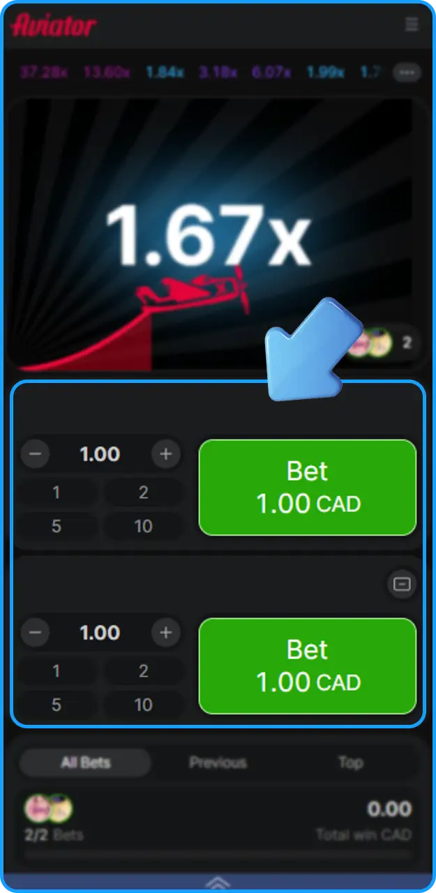 Set your bet amount before takeoff in Aviator on 1xBet.