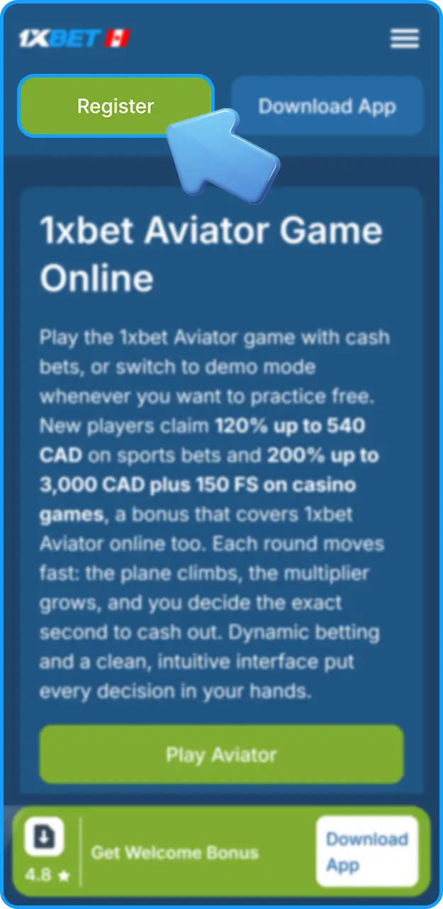 Create an account to start playing Aviator on 1xBet.