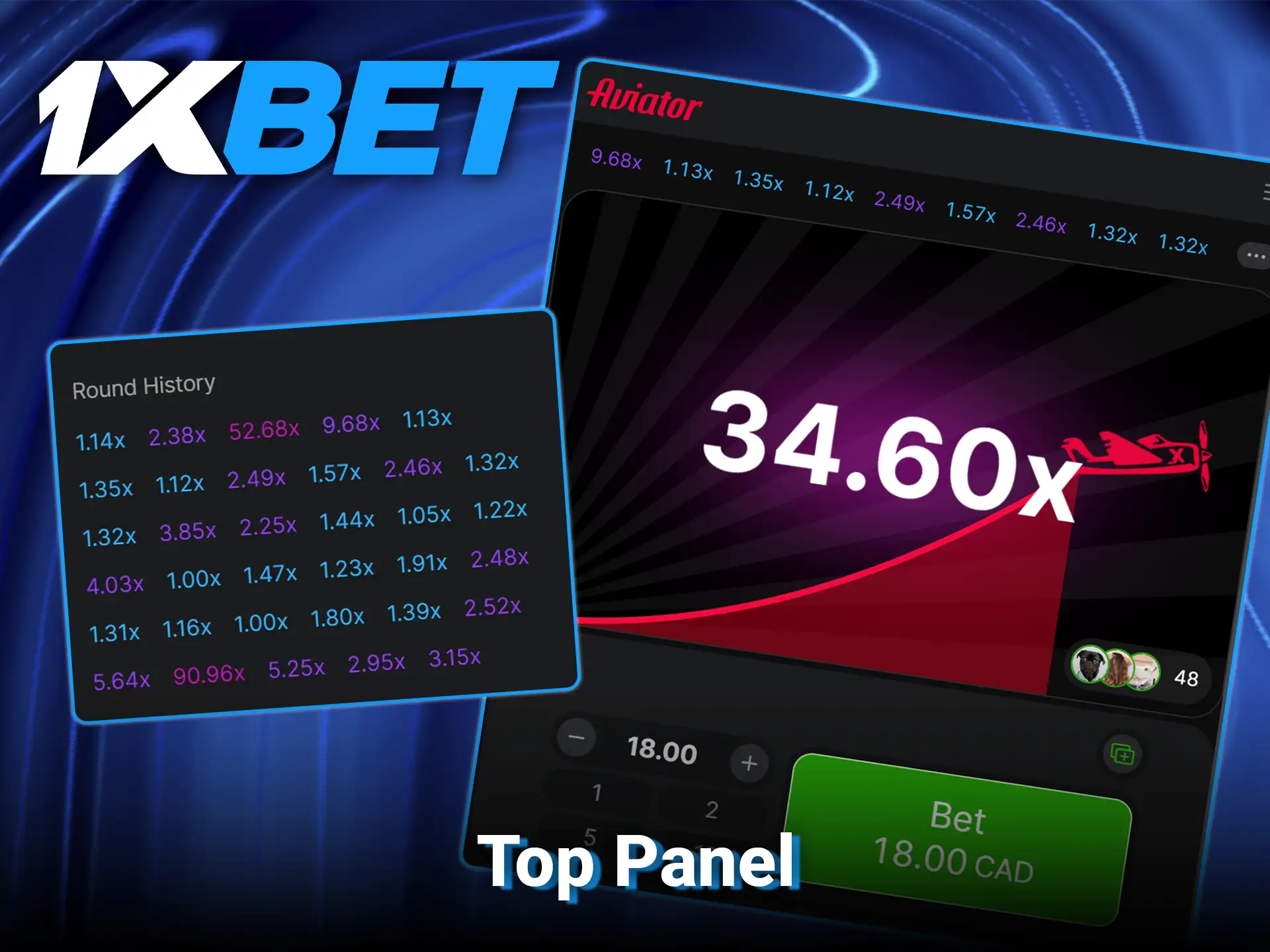 Track previous round multipliers and game history via the aviator top panel at 1xBet.