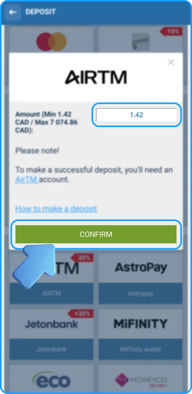 Deposit funds into your account to activate bonuses on 1xBet.