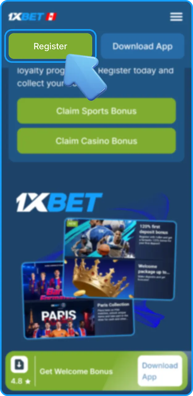Sign up and choose from the available bonuses at 1xBet.