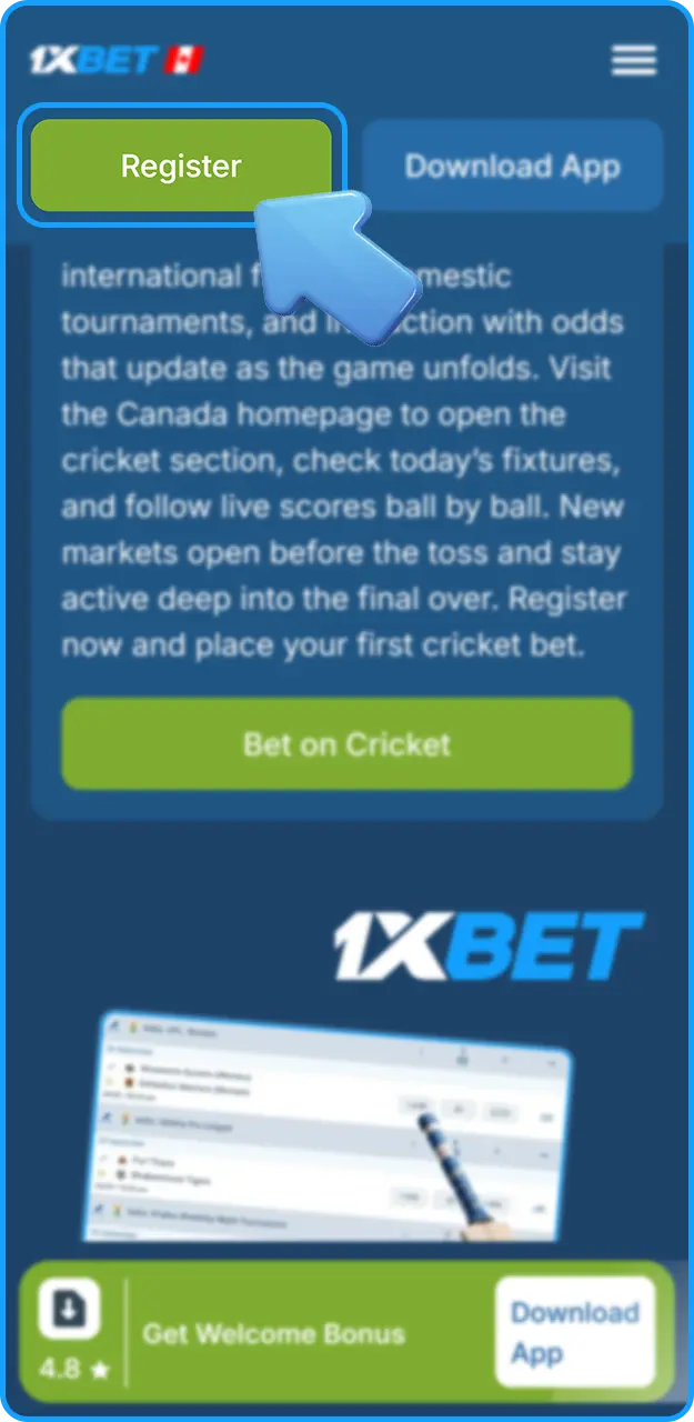 Sign up for a new account to bet on cricket at 1xBet.