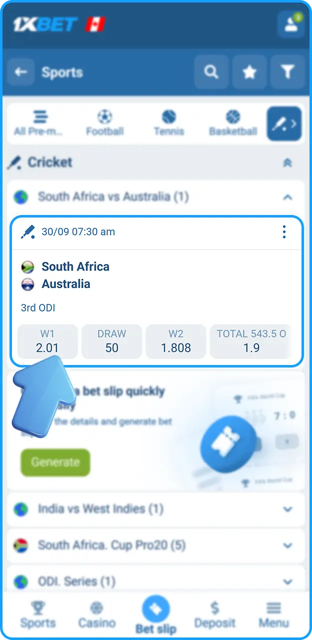Select upcoming cricket matches on 1xBet.