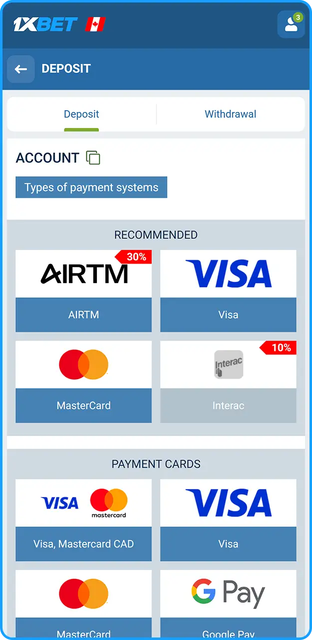 Select your preferred payment method on 1xBet.