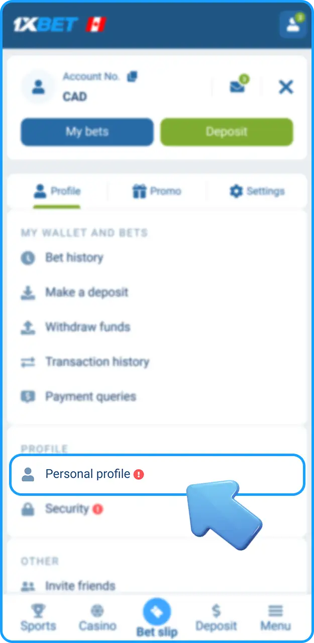 Verify your profile before making a deposit on 1xBet.