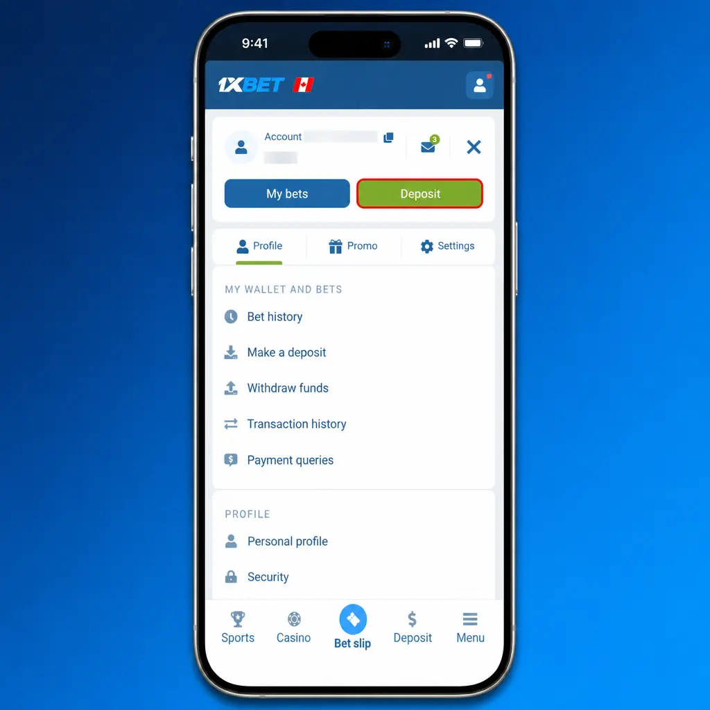 Step-by-step deposit instructions for 1xBet Canada showing account registration, verification, and payment method selection process.