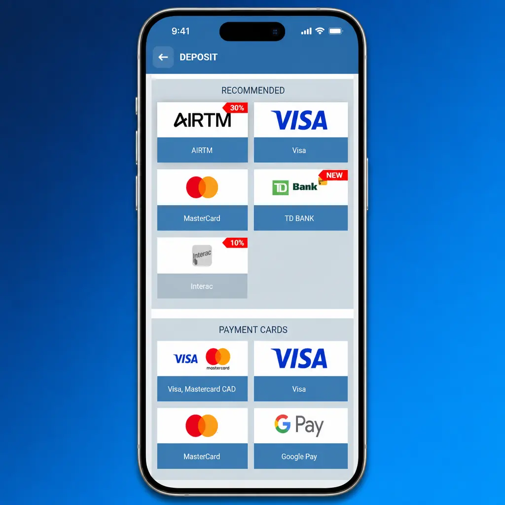 Step-by-step deposit instructions for 1xbet Canada users, showing registration, verification, and payment method selection.