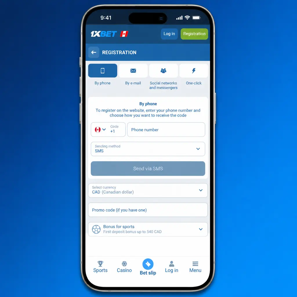 5-step deposit guide for 1xbet Canada: register, verify ID, select deposit tab, choose payment method, enter amount.