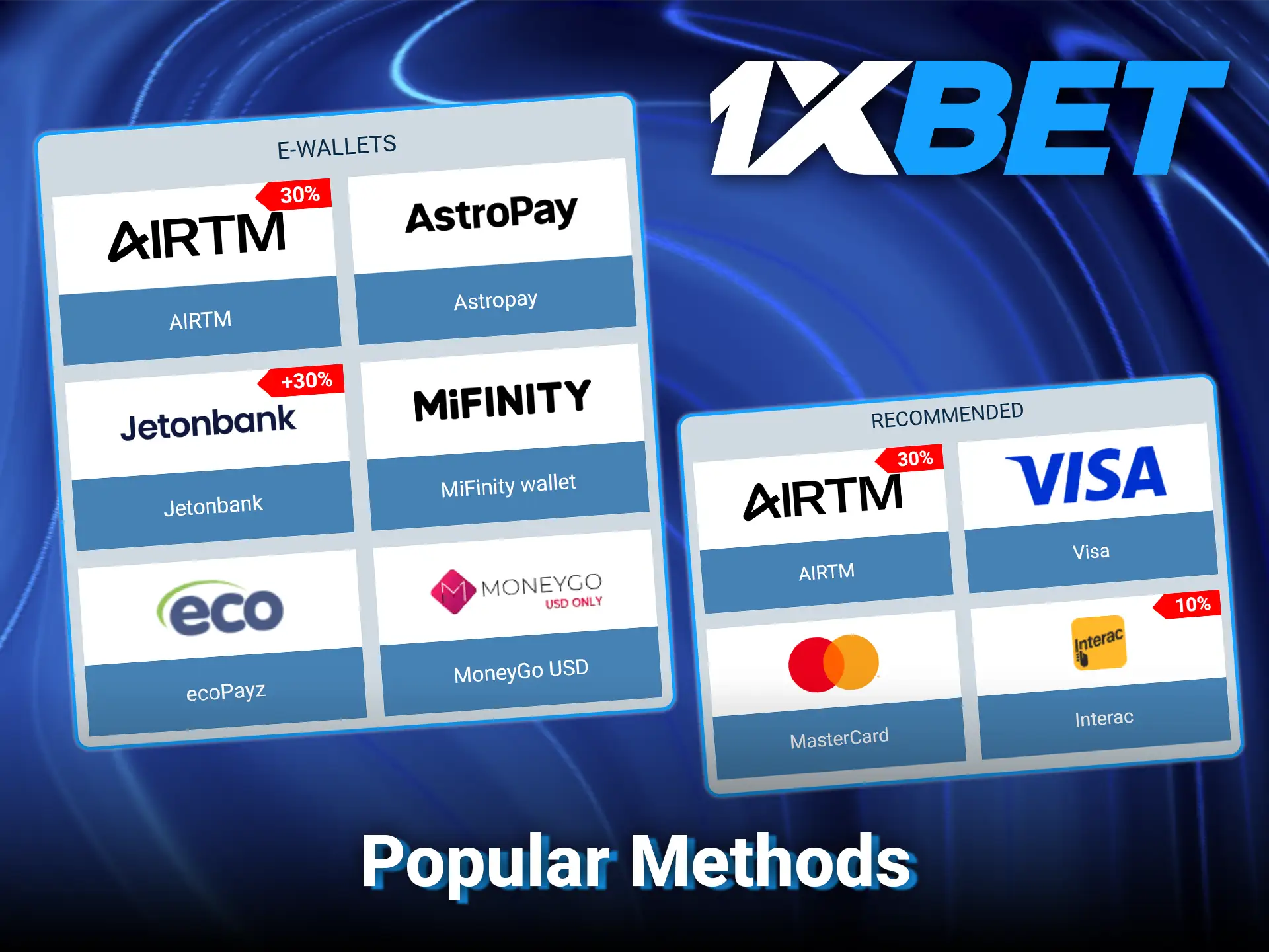 Use the popular deposit methods available on 1xBet.