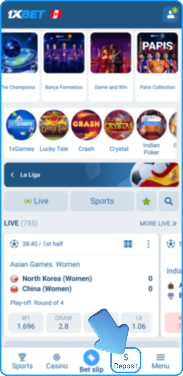 Deposit funds into your account to bet on esports matches at 1xBet.