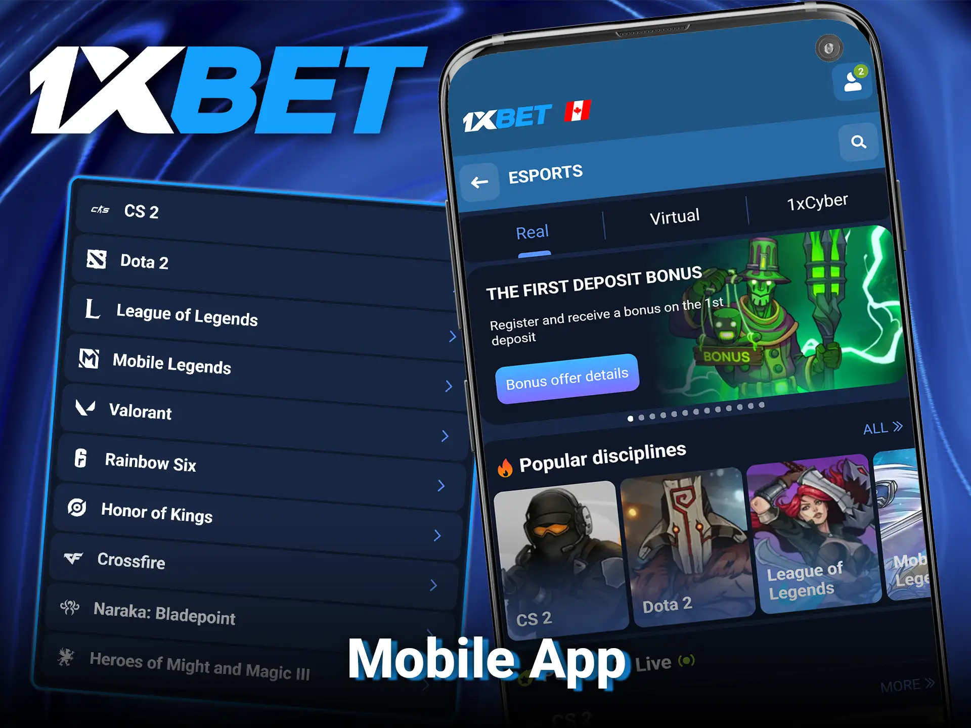 Watch live streams and place bets on esports using the 1xBet mobile app.