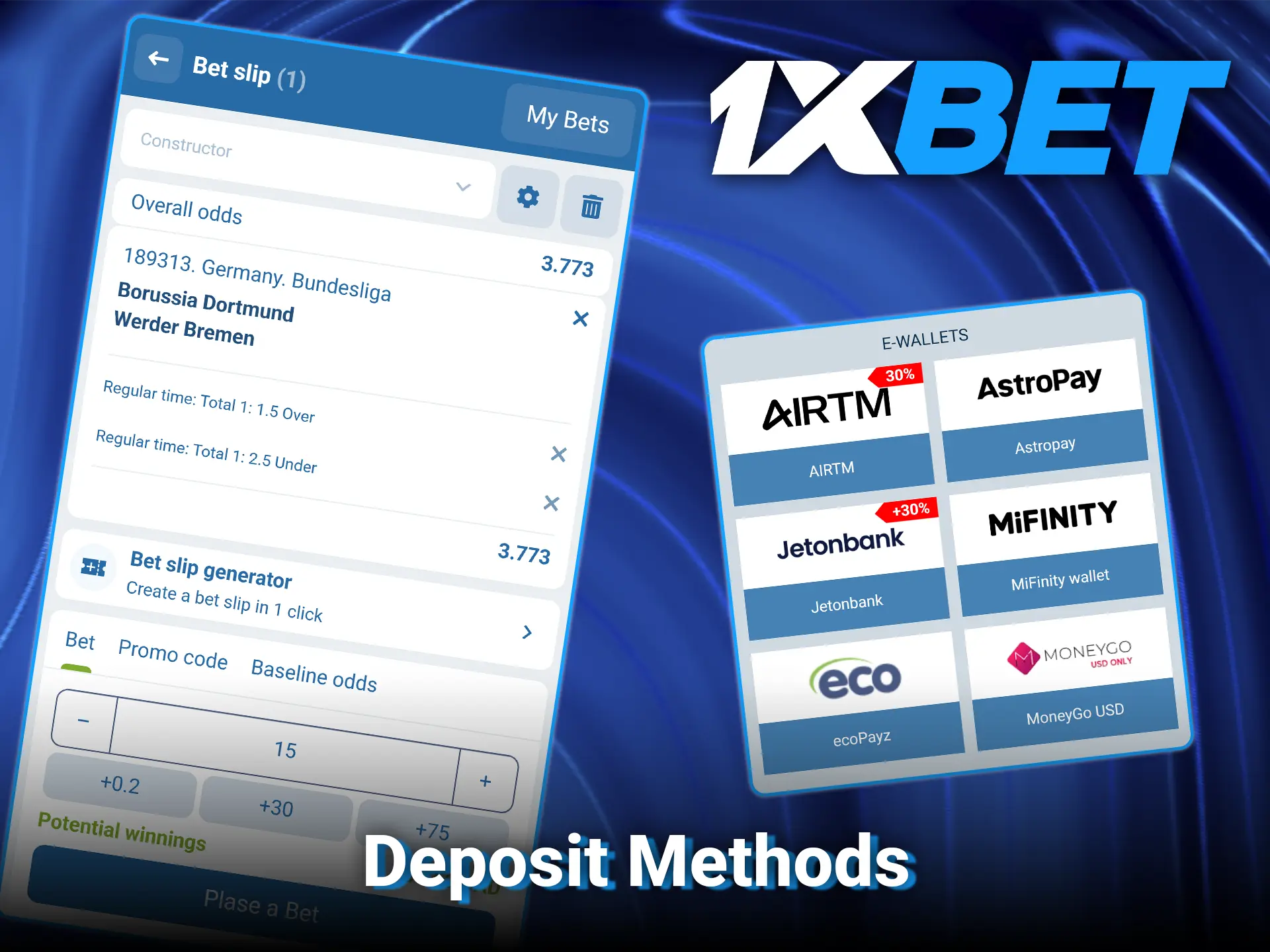 Deposit funds into your sports betting account at 1xBet.