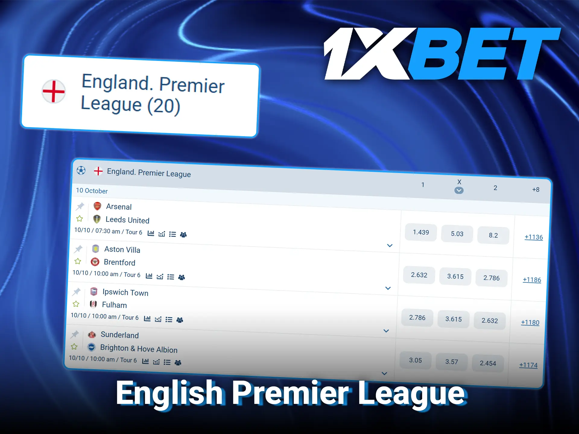 Place pre-match and live wagers on top fixtures in the English Premier League in football at 1xBet.