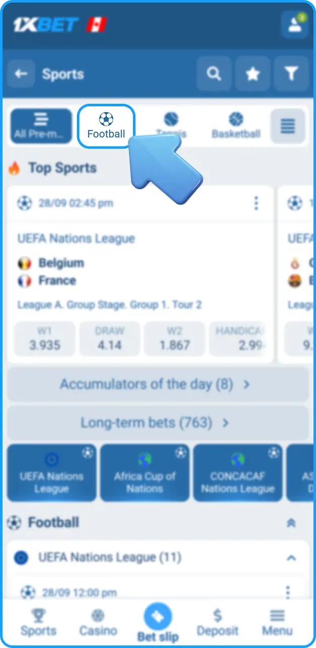 Find football matches on 1xBet.