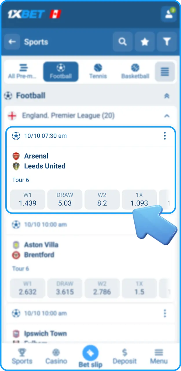 Select your favorite football match on 1xBet.