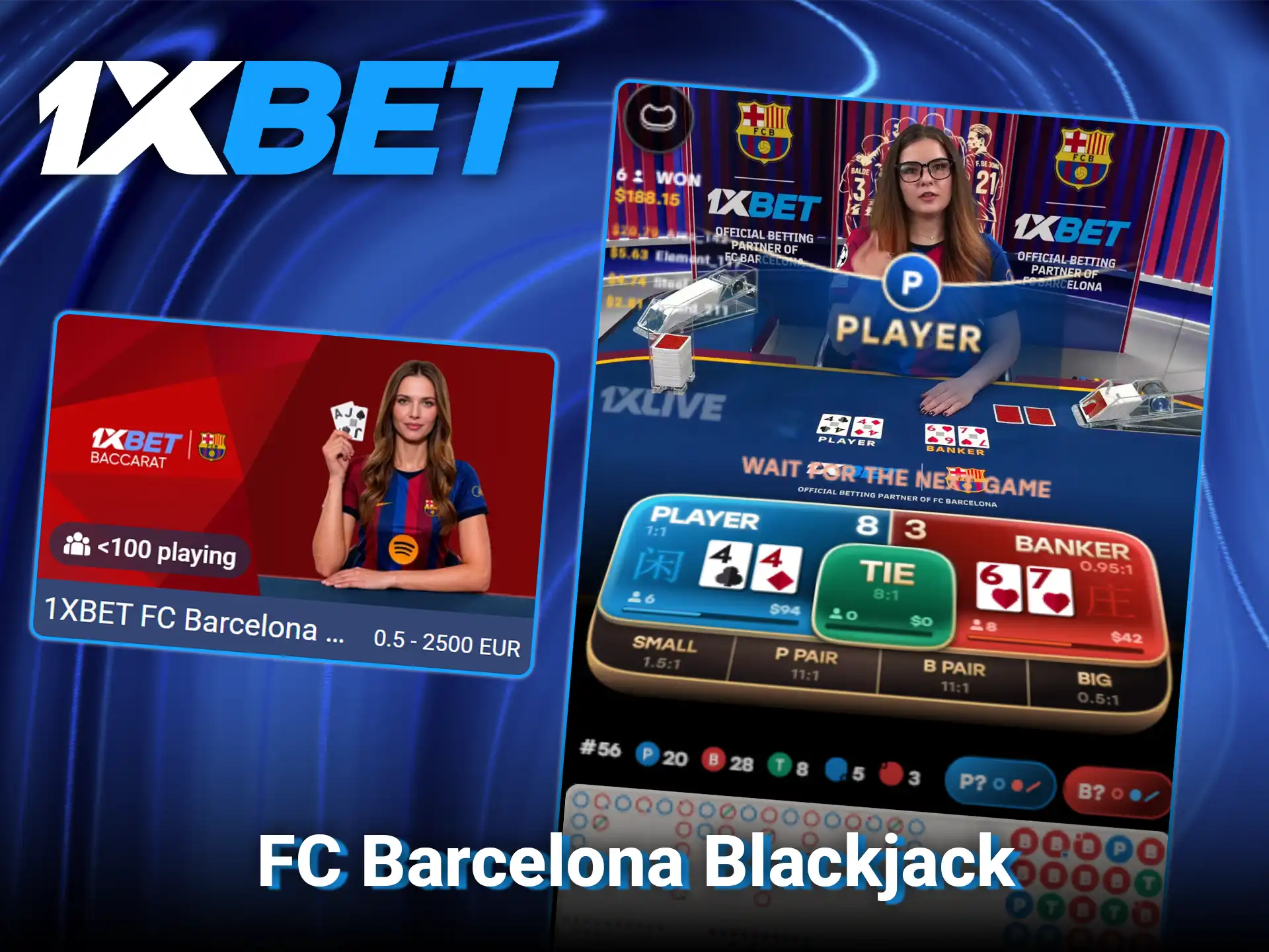 Play branded card tables in FC Barcelona blackjack at 1xBet Canada.