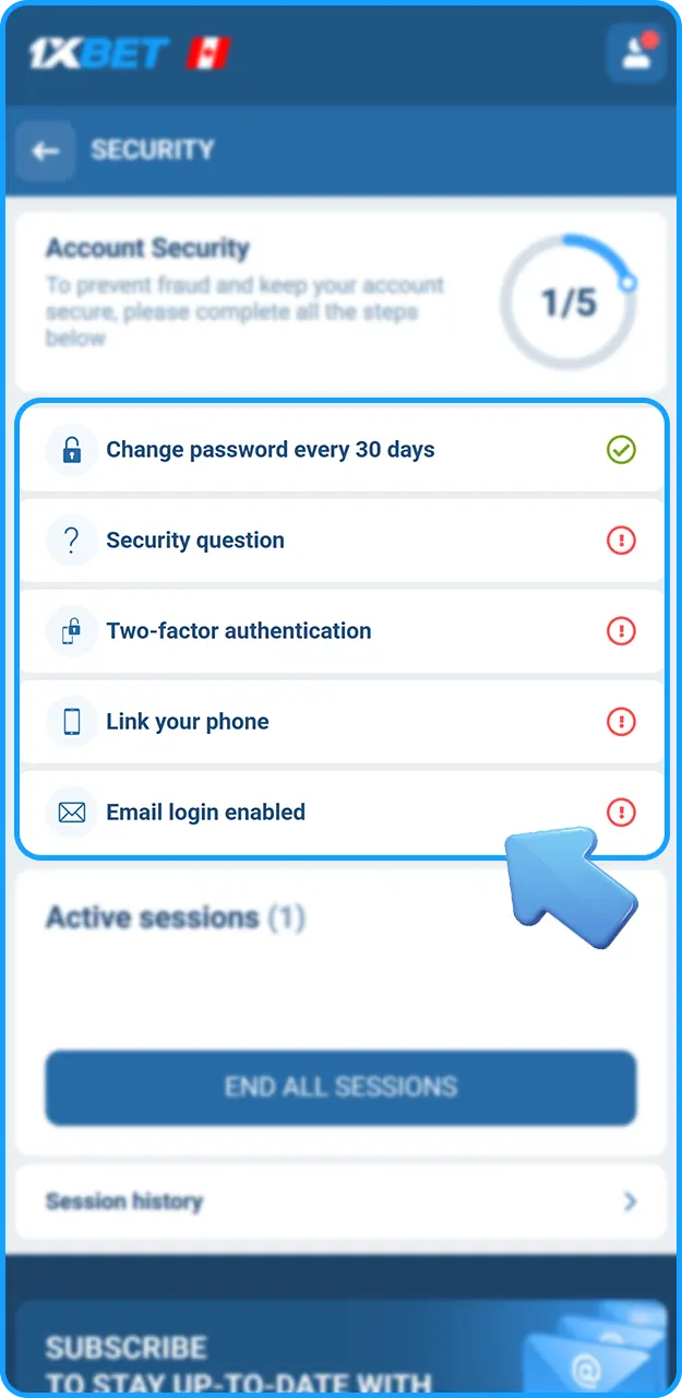 Complete the account verification process on 1xBet.
