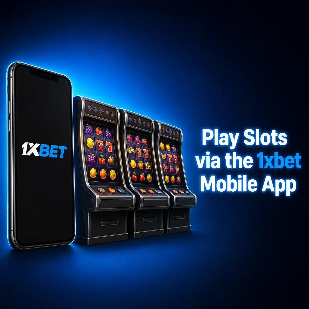 1xbet mobile app slots lobby showing filters, search bar, and balance display for Android and iOS play