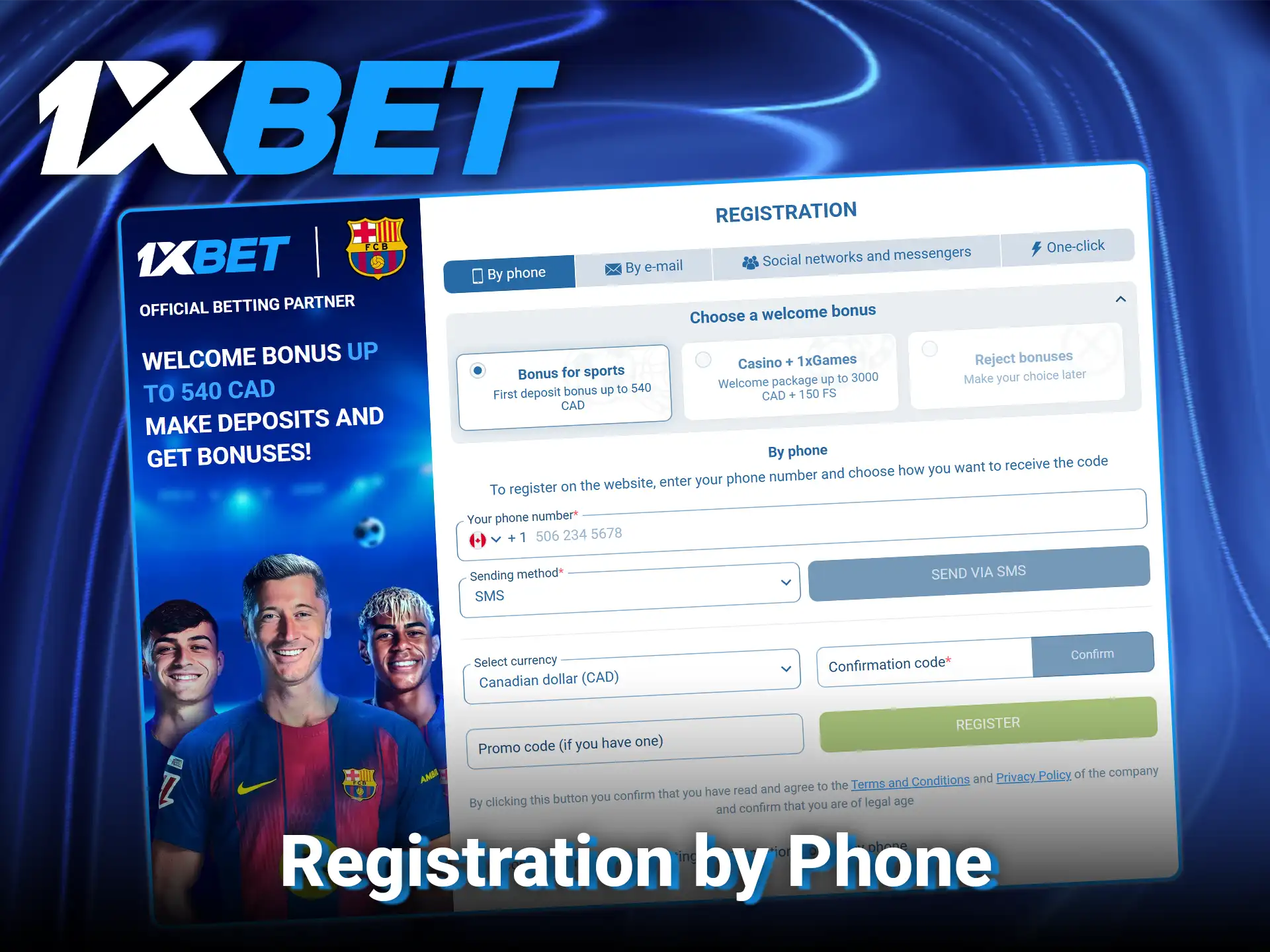 Create your profile quickly using your mobile number for registration by phone at 1xBet.