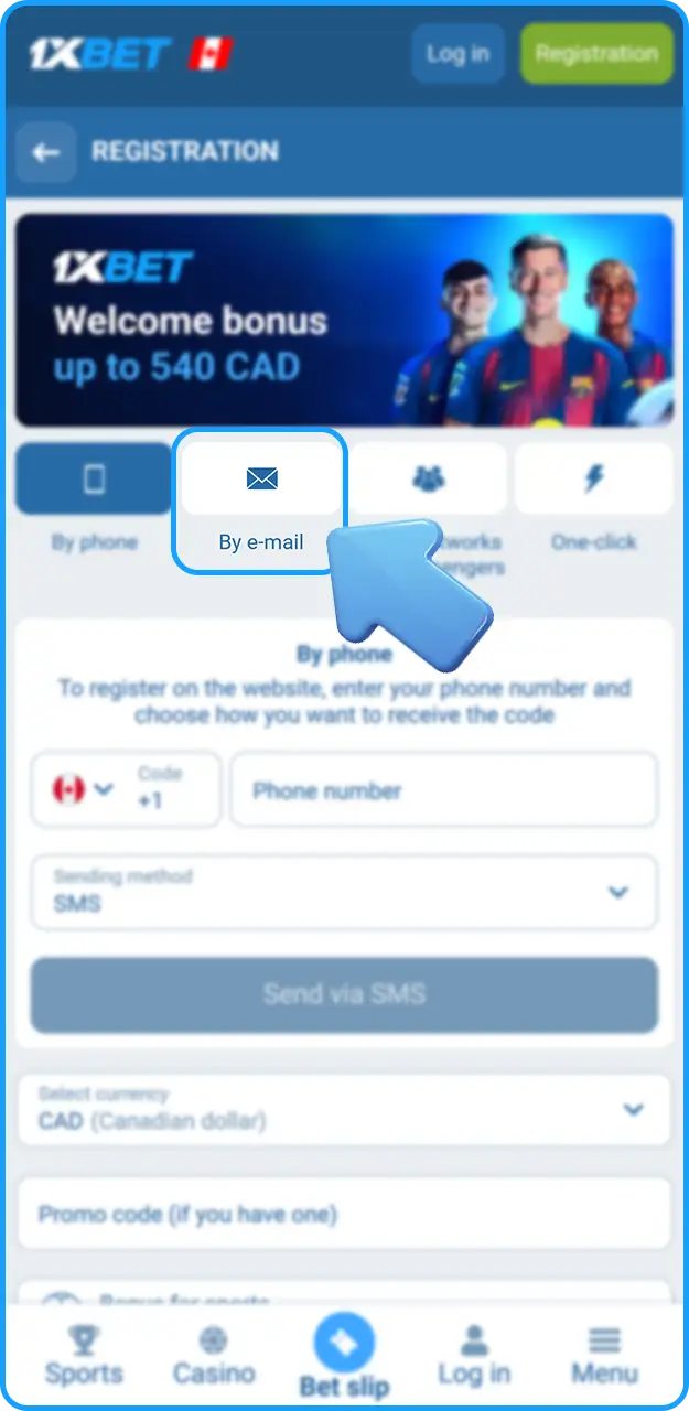 Select your preferred method of registration on 1xBet.