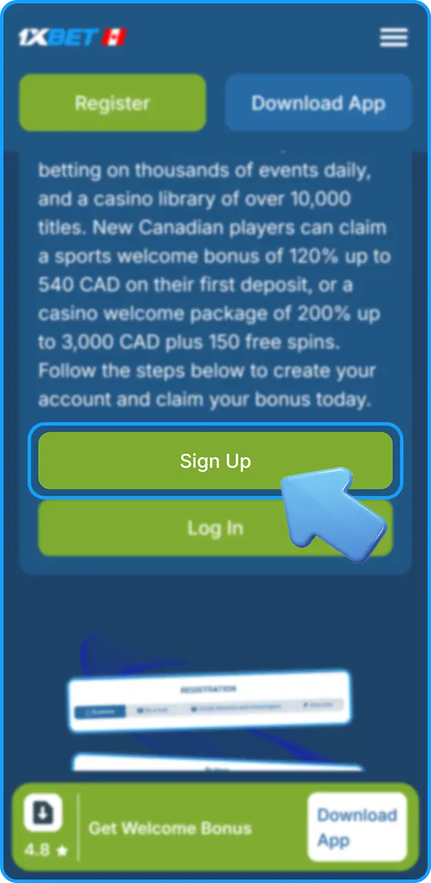 Start creating an account on 1xBet.
