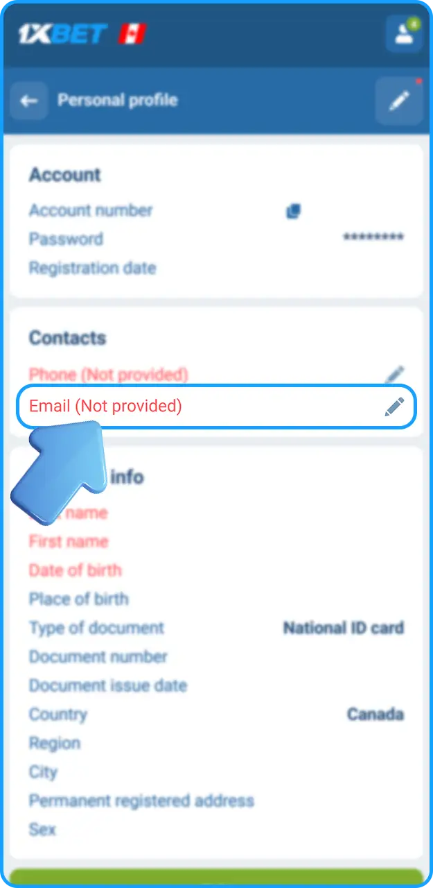 Complete account verification at 1xBet.