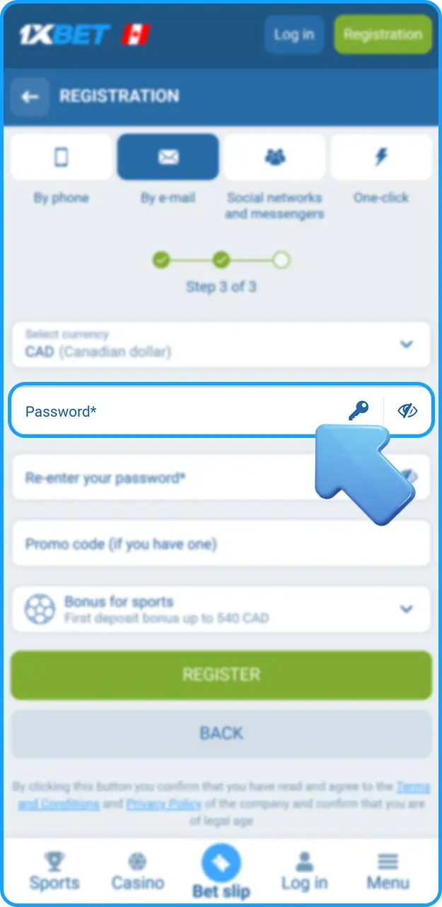 Create a strong password when you sign up for 1xBet.