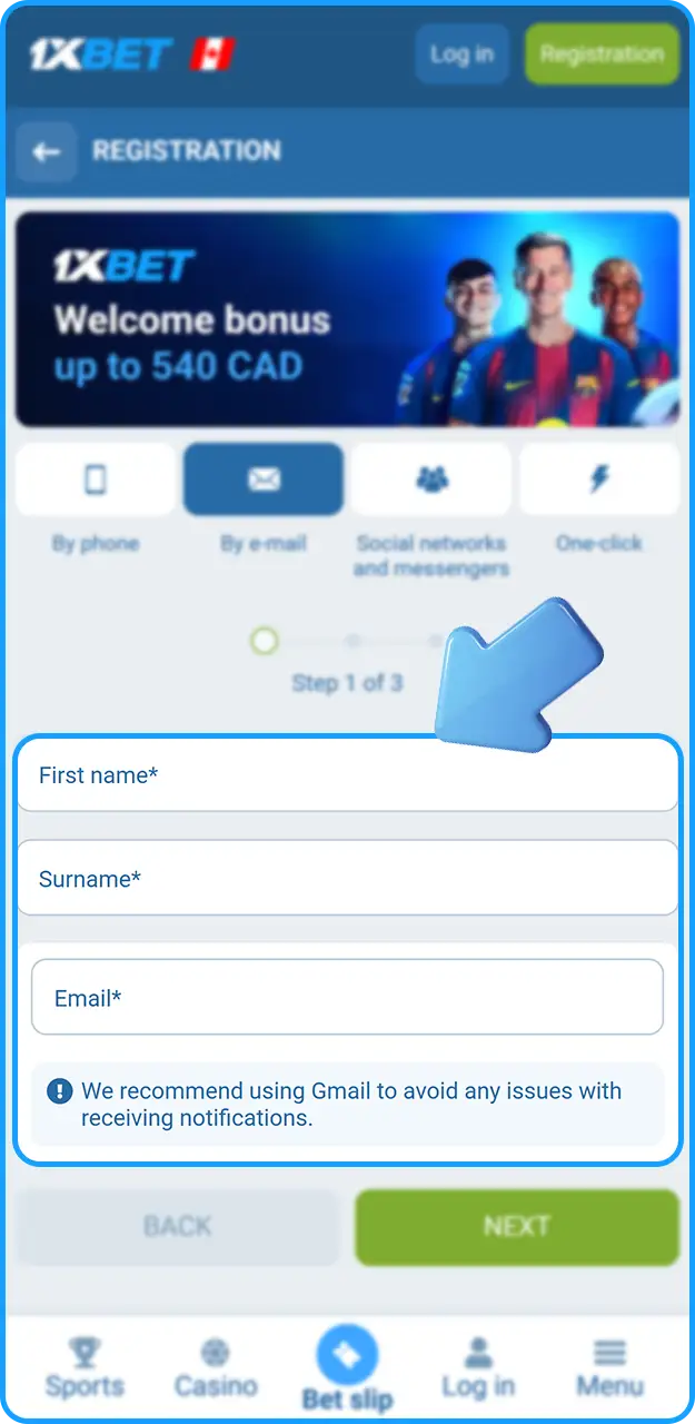 Provide required personal info when you enter registration details at 1xBet.