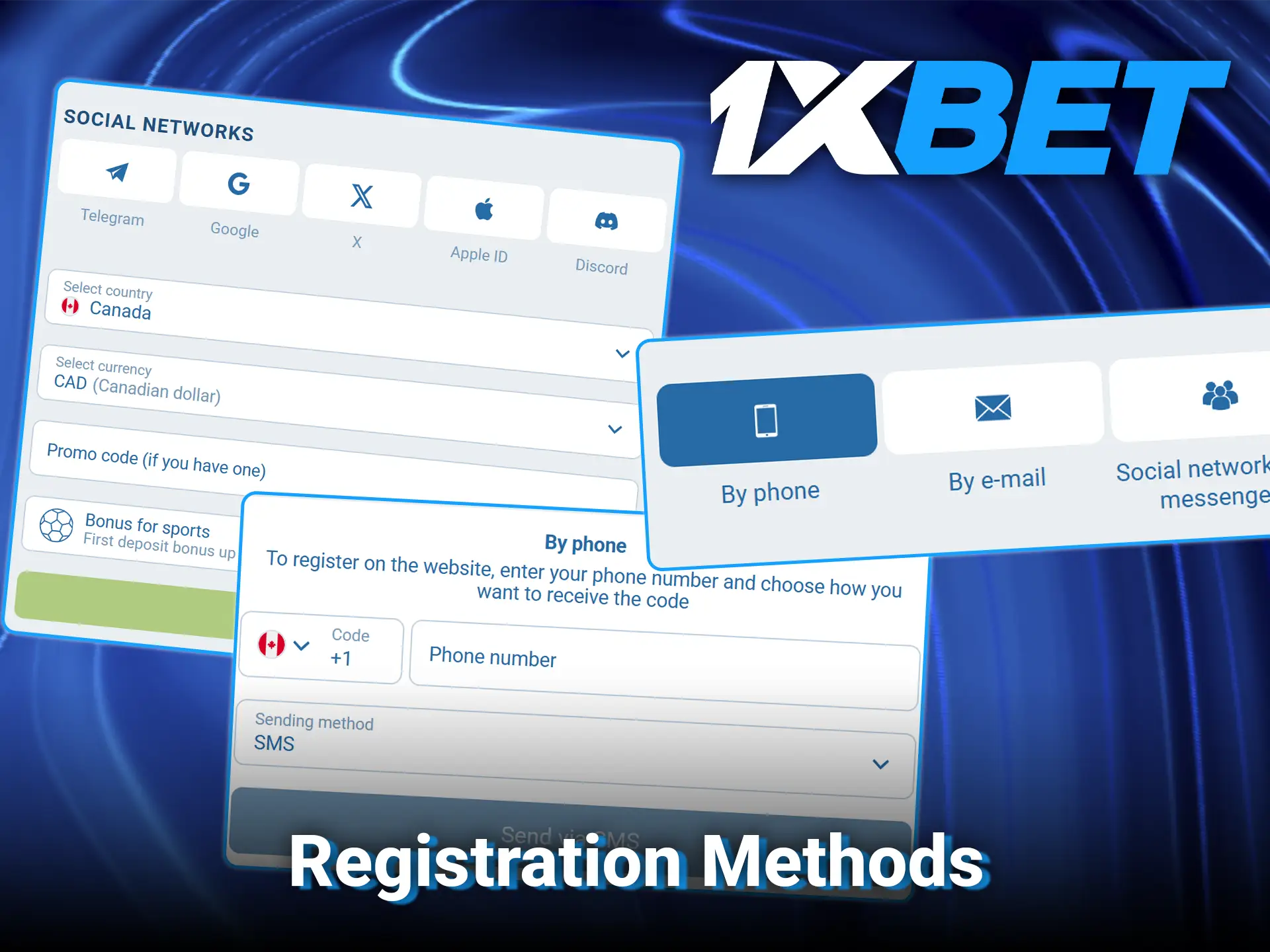 Choose the most convenient sign-up option among all registration methods at 1xBet.