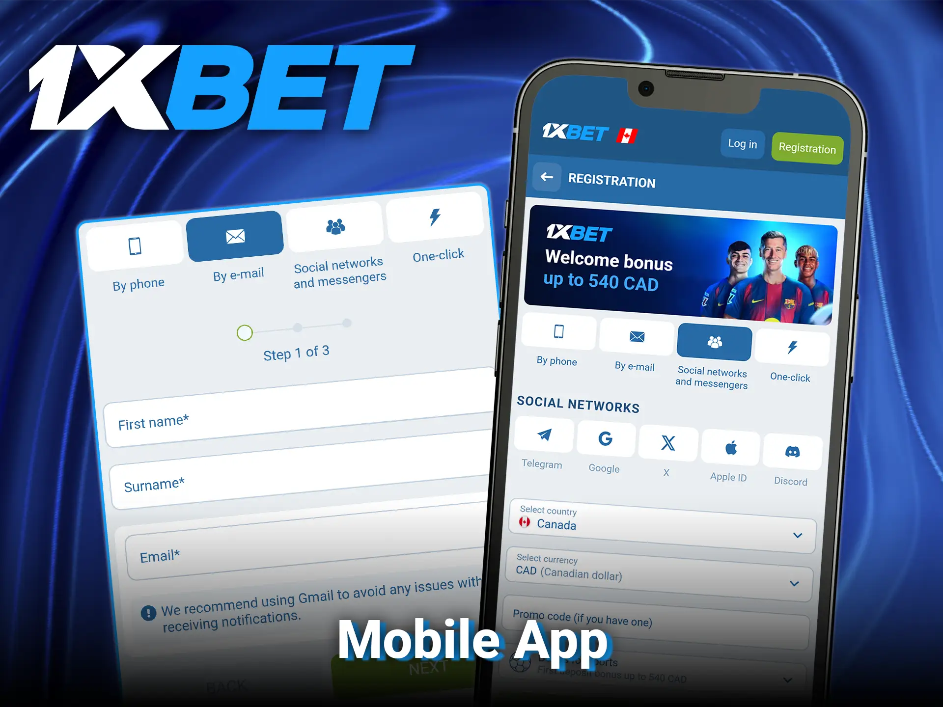 Create your account directly from your smartphone via registration in mobile app at 1xBet.