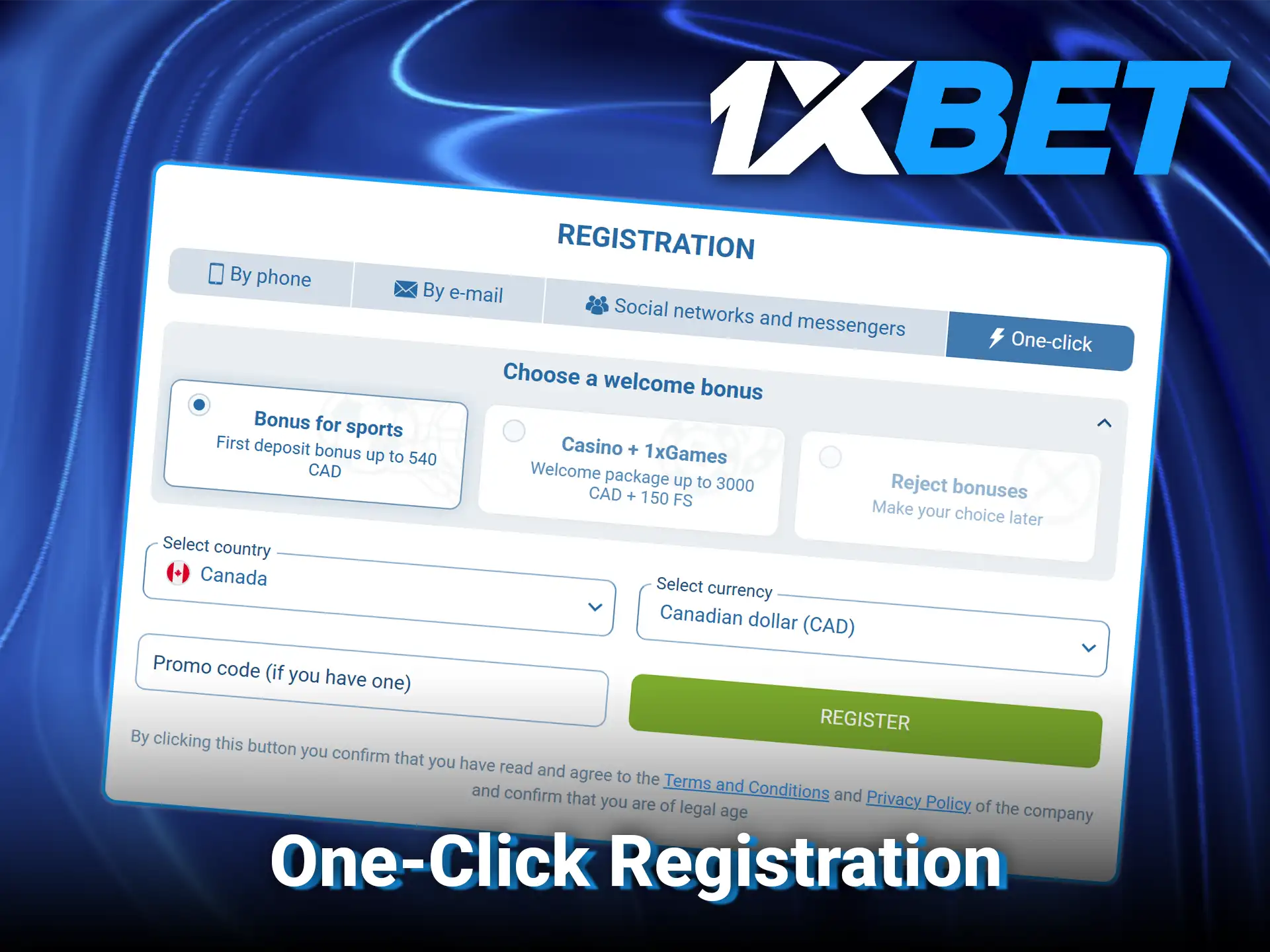 Open an account instantly using the one-click registration at 1xBet.