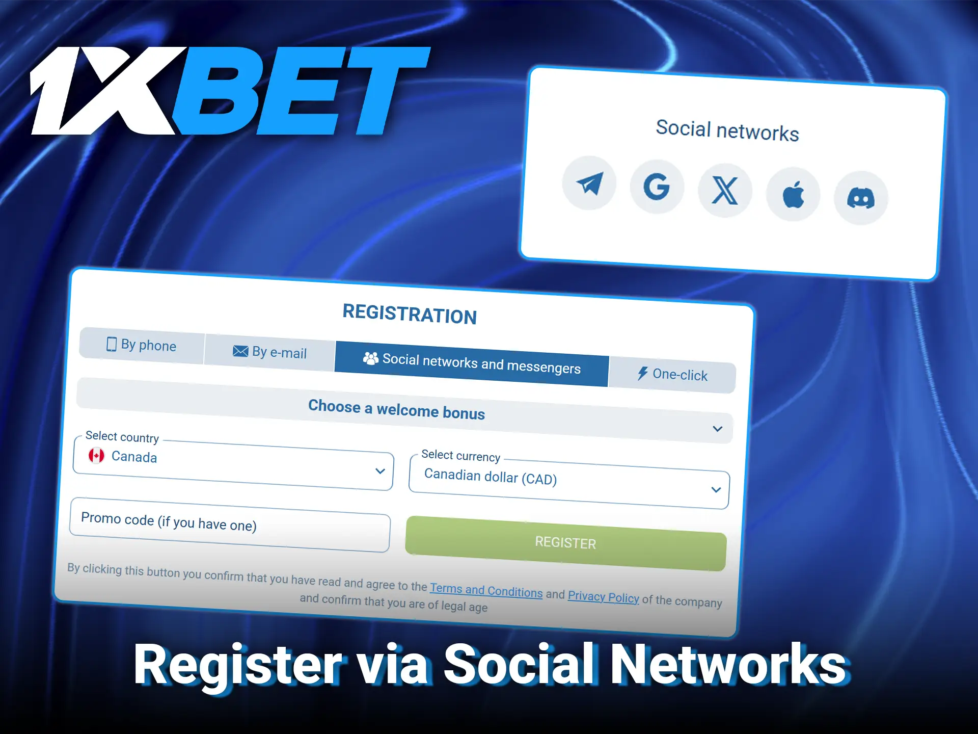 Link your profile for quick sign-up through registration via social networks at 1xBet.
