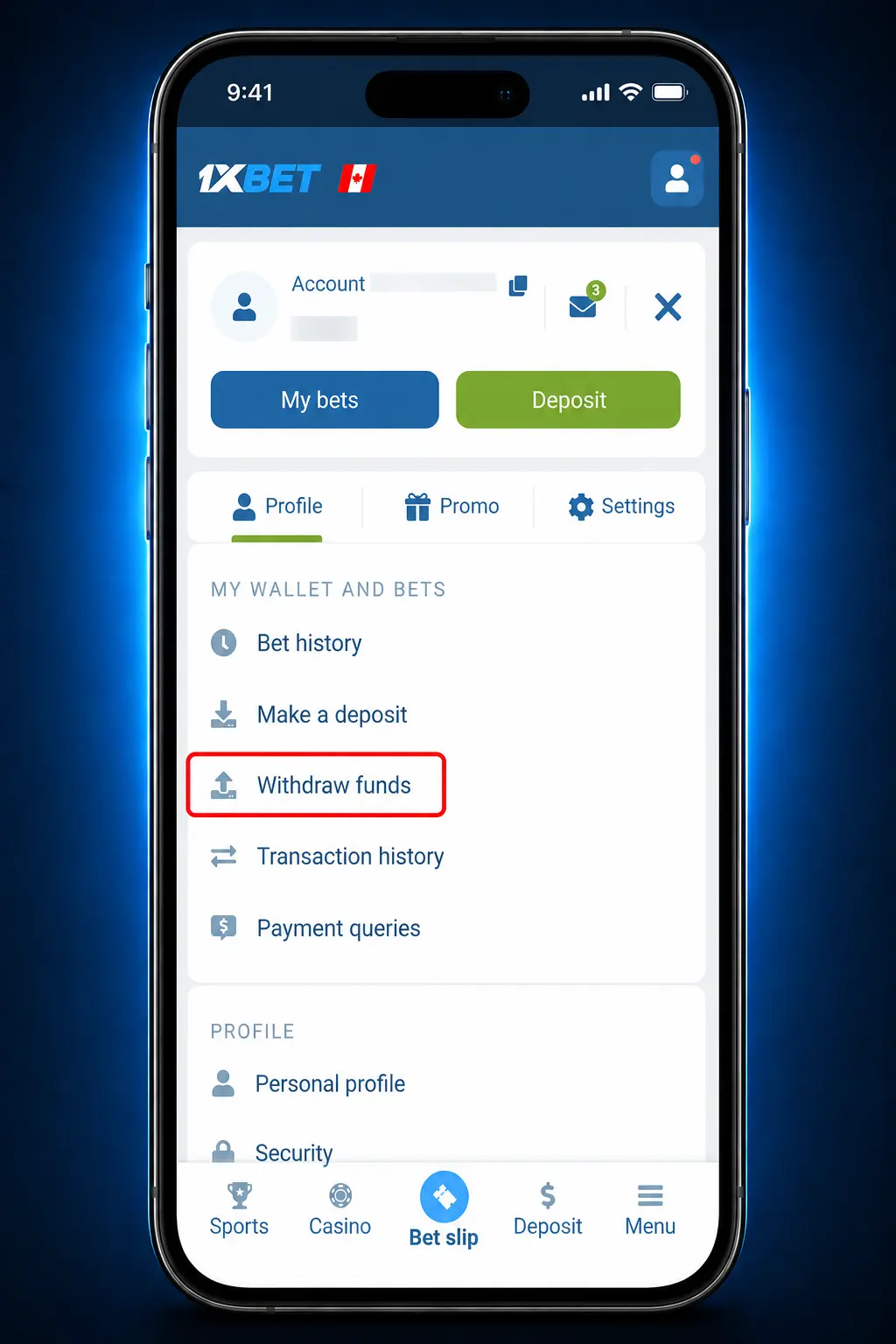 Step-by-step guide showing how to withdraw money from 1xbet account using Interac, Visa, USDT, or AirTM payment options.