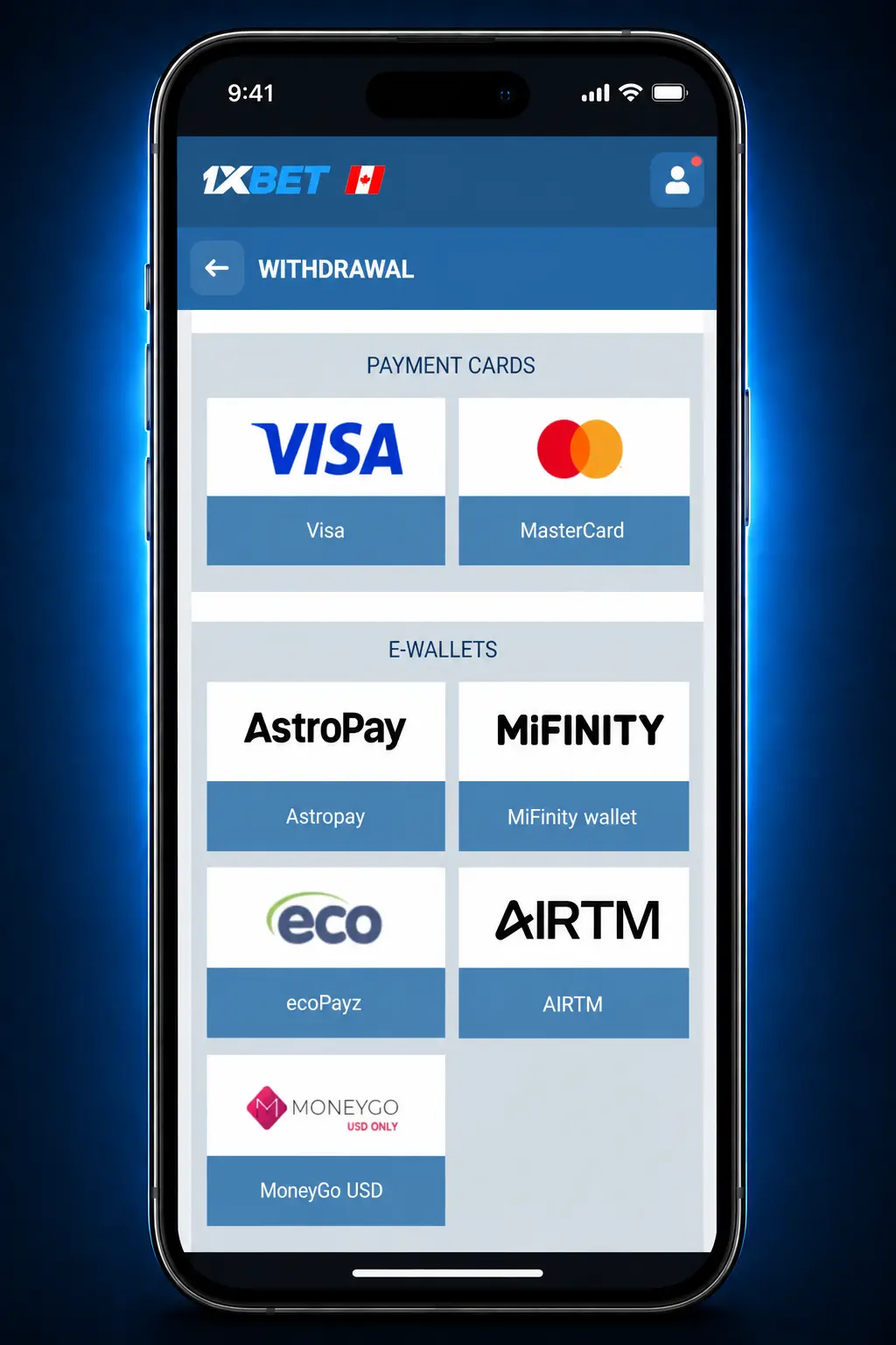 Step-by-step guide showing how to withdraw money from 1xbet account using Interac, Visa, USDT, or AirTM.
