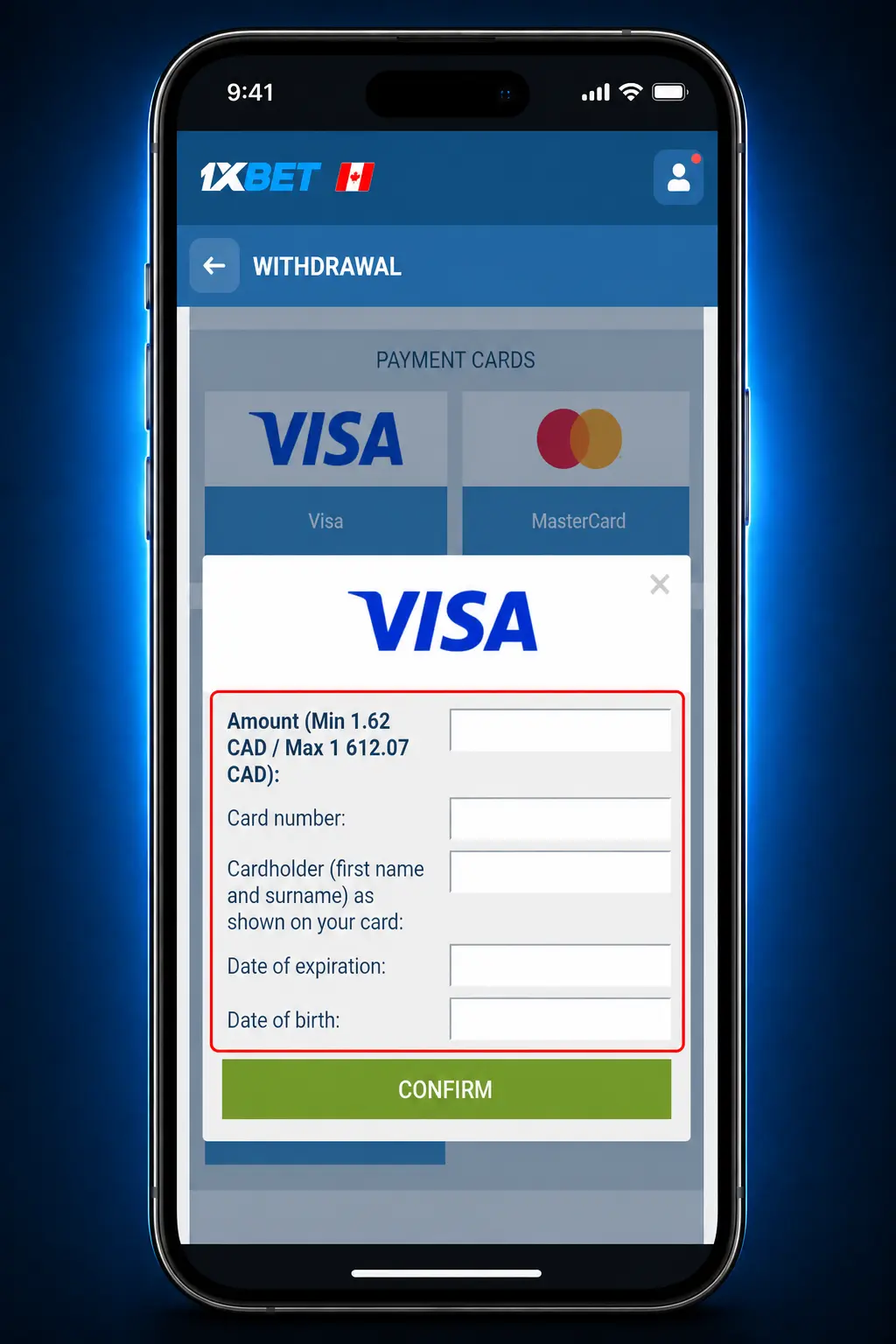 Step-by-step guide showing how to withdraw money from a 1xbet account using Interac, Visa, USDT, or AirTM