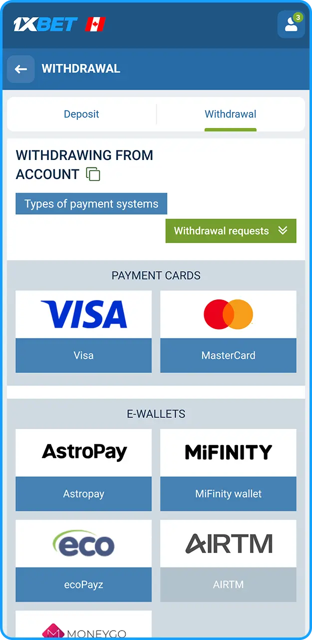 Select a withdrawal method on 1xBet.