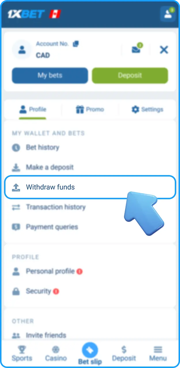 Go to the withdrawal section on 1xBet.